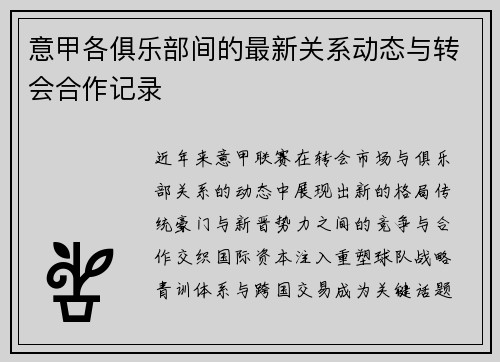 意甲各俱乐部间的最新关系动态与转会合作记录