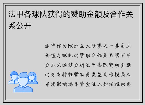 法甲各球队获得的赞助金额及合作关系公开